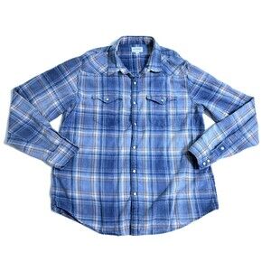 Lucky Brand Western Shirt Mens Large  Plaid Blue White Pearl Snap Button